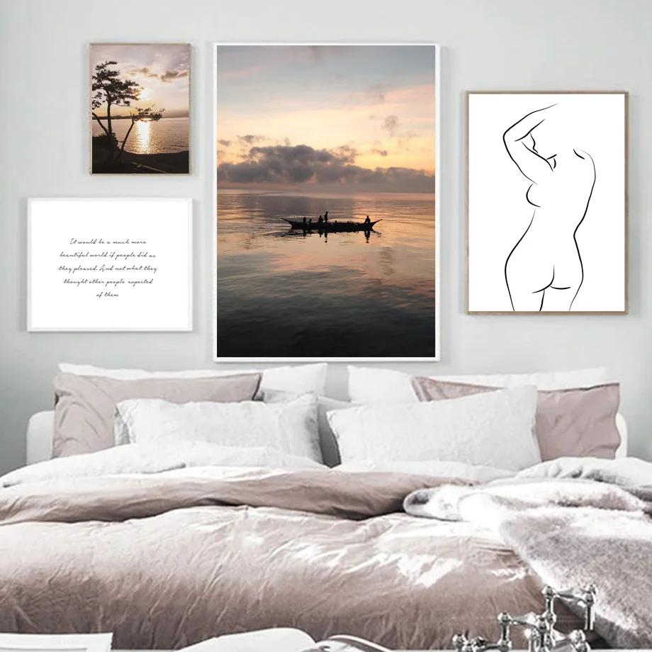 

Sunset Sea Ship Abstract Line Girl Quotes Nordic Posters And Prints Wall Art Canvas Painting Wall Pictures For Living Room Decor