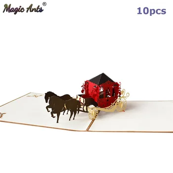 

10 Pack Retro Surrey Horse-drawn Carriage Pop-Up Cards Birthday Wedding with envelope 3D invitations Greeting Cards Gift card