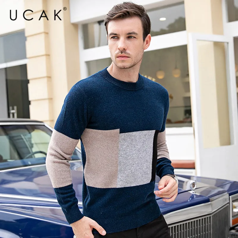 Popular UCAK Brand Sweaters Men 2019 Autumn Winter Thick Warm Pull Homme Pure Merino Wool Cashmere Contrast Color Pullover Male U3092