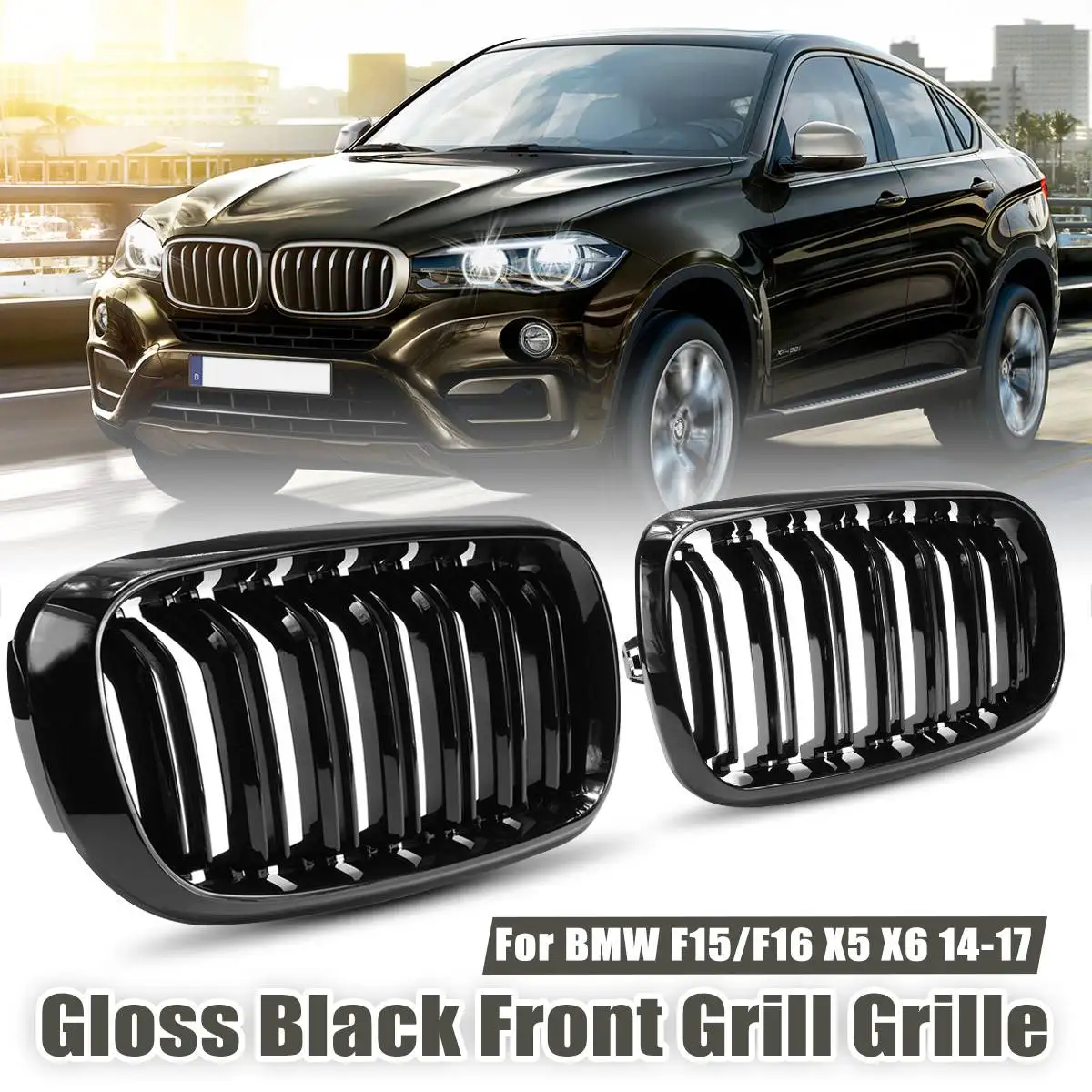 1 Pair of Car Front Grilles Gloss black double slat design for BMW X5 X6 2007-14 