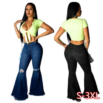 

Fashion Denim Flare Pants Women Retro Ripped Jeans Wide Leg Trousers Lady Casual Bell-Bottoms Flare Pants Female Jeans Woman