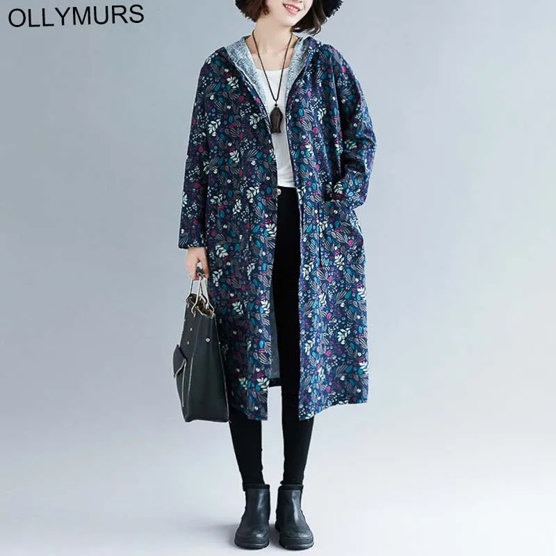 

Plus Size Vintage Floral Print Jackets Coats Cotton Linen Hoodie Cardigan Women Sweatshirt 2019 Autumn New Long Windbreaker 5XL