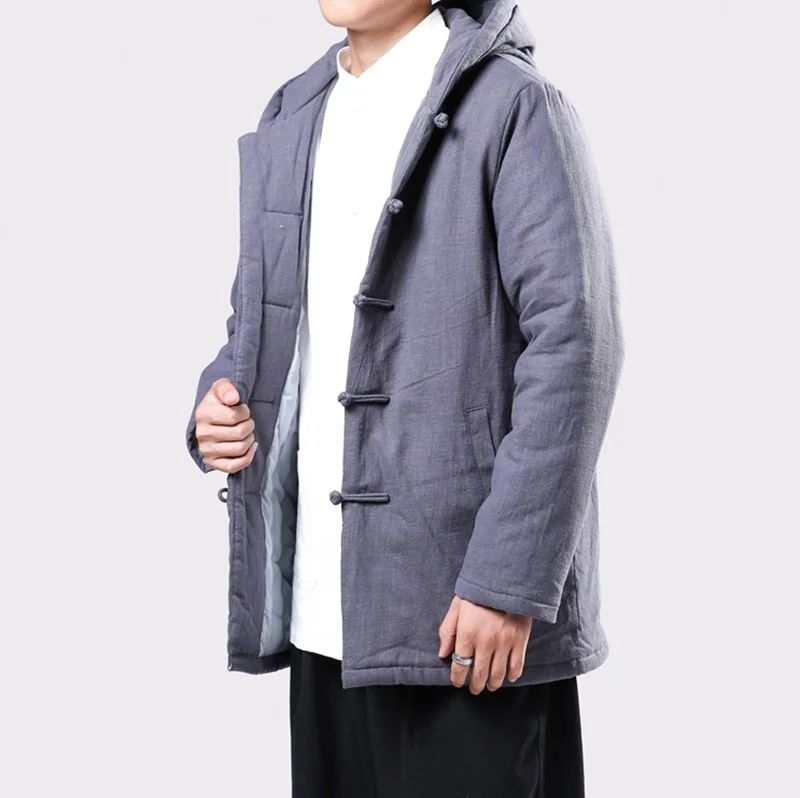 Vintage Style Hooded Men Parkas Cotton Winter Button Up Trench Long Sleeve Outerwear Padded Retro Men Jackets Coats KK3062