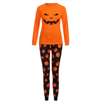 

New Casual Halloween Pajamas Sets Women Crew Neck Long Sleeve Pumpkin Print Sleepwear Nightwear Set 2Pcs Set T shirts+Pants