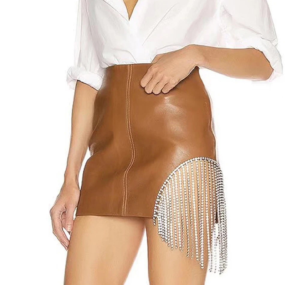 Юбка из искусственной кожи с высокой талией женская сексуальная юбка-карандаш с кисточками уличная одежда осенняя зимняя облегающая мини-юбка