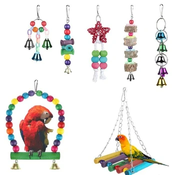 

7Pcs/Set Wood Bird Parrot Swing Chewing Toy Colorful Beads Bells Pet Cage Hanging Hammock For Parakeets Finches Lovebirds