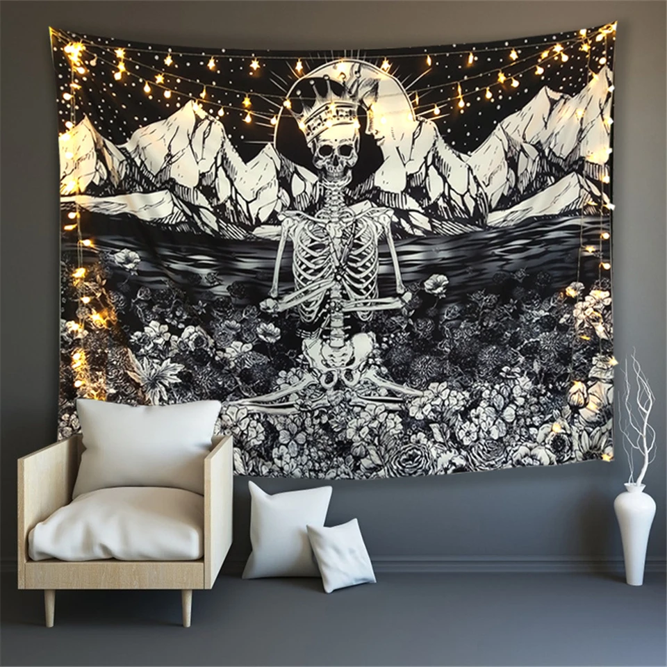 Meditation Skeleton Tapestry Moon Phase Change Wall Hanging Hippie Mandala Decor 