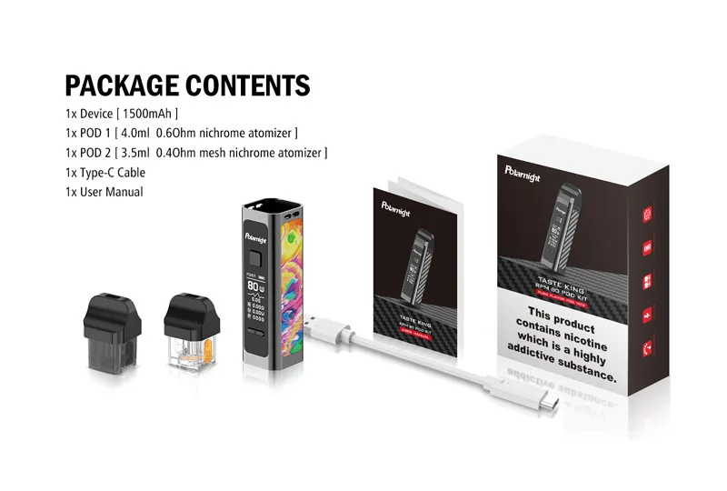 Polarnight Taste King 80 Вт Pod Kit Vape 1500 мАч батарея с 4,0 мл и сеткой катушки 3,5 мл Pod 0,96 дюймов TFT цветной экран пара