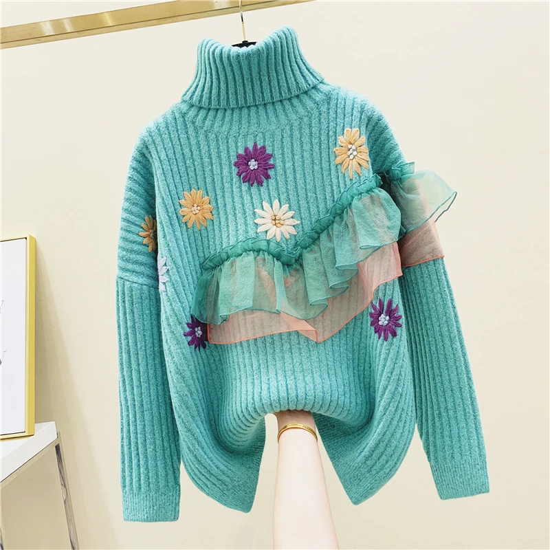 

Sweet Sweater Women's Winter Sweate New Mesh Ruffle Panel Three-dimensional Embroidered Sweater Turtleneck Pullover Pull Femme