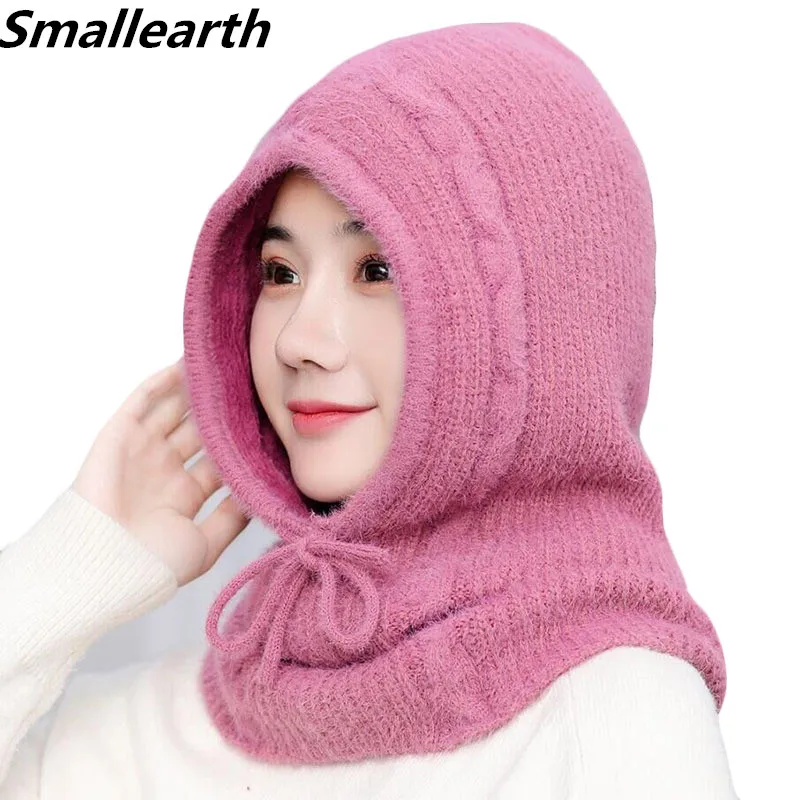 

New Winter Women Men Plus Velvet Knitted Hooded Hat Scarf Set Boy Girl Thick Warm Rabbit Fur Knit Cap Female Crochet Beanie Hats