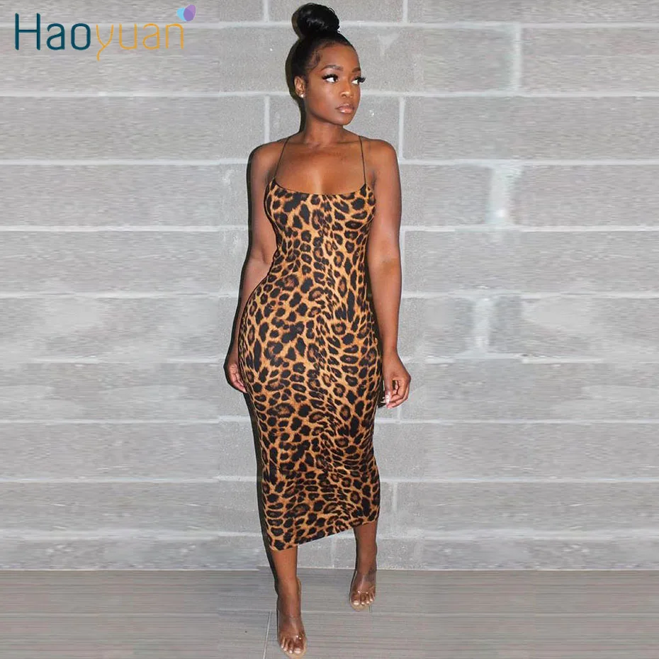 

HAOYUAN Sexy Cheetah Leopard Print Midi Dress Women Clothes Plus Size Vestido Elegant Spaghetti Strap Bodycon Night Club Dresses