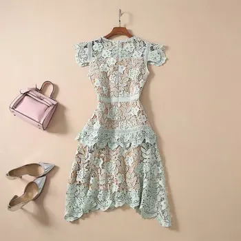 

New Women Dress Round Neck Slim Irregular Hollow Water Soluble Flower Dress