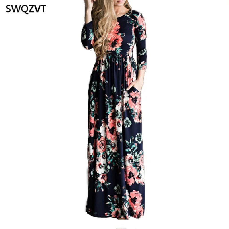 Ceny Nowy 2020 kobiet sukienka wiosna lato Maxi sukienki modne kwiatowe drukuj długi krótki rękaw casual sukienka damska odzież damska