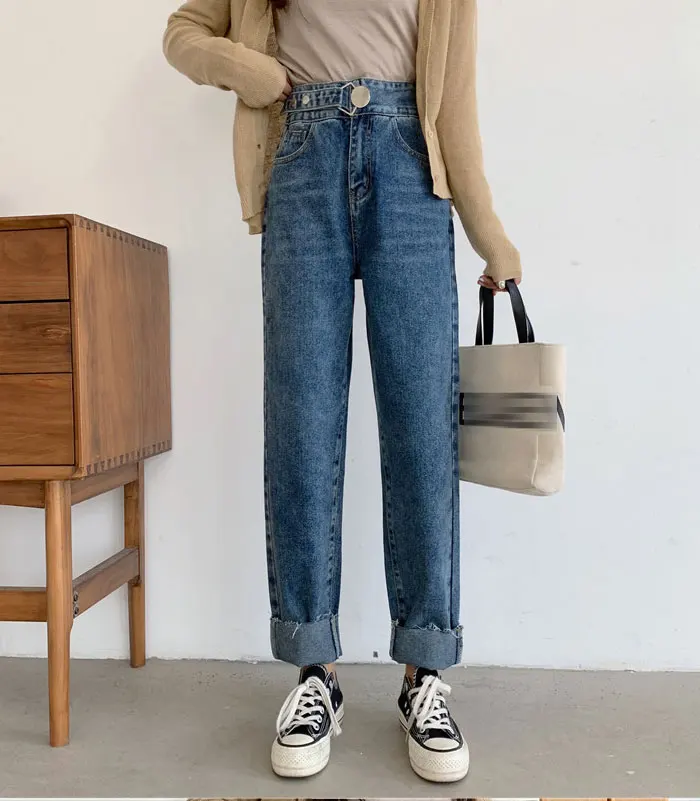Loose Jeans Woman New Fashionthin Solid Color Big Buckle Straight Pants Wool Side Jeans Long Pants Women High Waist Woman