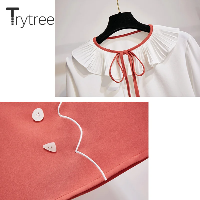 Trytree осенний Женский комплект из двух предметов, повседневный однотонный топ с оборками и расклешенными рукавами+ юбка, модный мини-костюм на молнии, комплект из 2 предметов