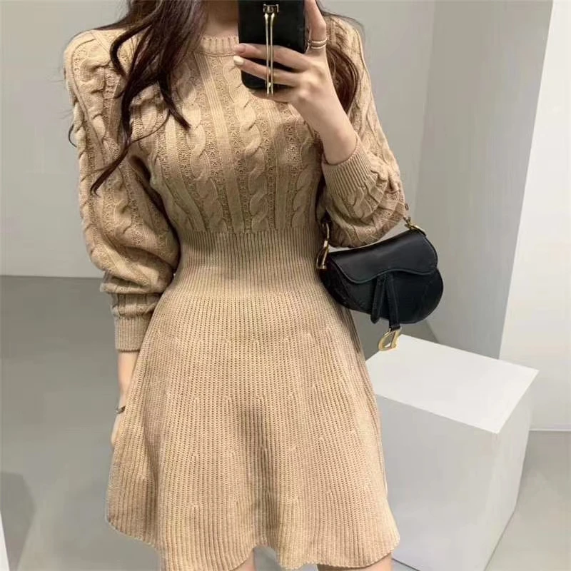 Fashion Autumn Winter Knitted Dress Women Twist Pattern Pleated Dress Elegant Solid Lantern Sleeve Tunic Sweater Dress Vestidos