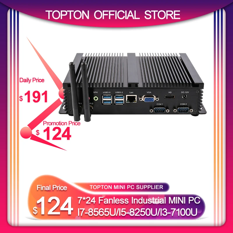 Topton Fanless Industrial Mini PC i7-8565U i5-8250U 7*24 Working 2*RS232 HDMI VGA 1*Lan 7*USB | Компьютеры и офис