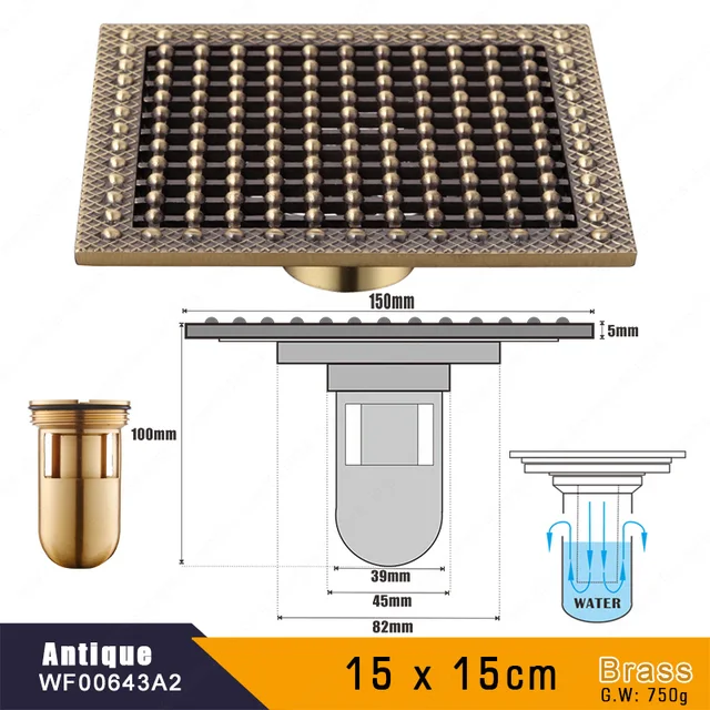 15 x 15 Square Bathroom Shower Drain Floor Drain Trap Waste Grate Antique Brass Grid Drain B