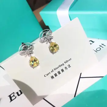 

ED TFB Original 925 Sterling Silver Simple Bow Yellow Gem Earrings Jewelry with Original Logo Luxury Jewellery.