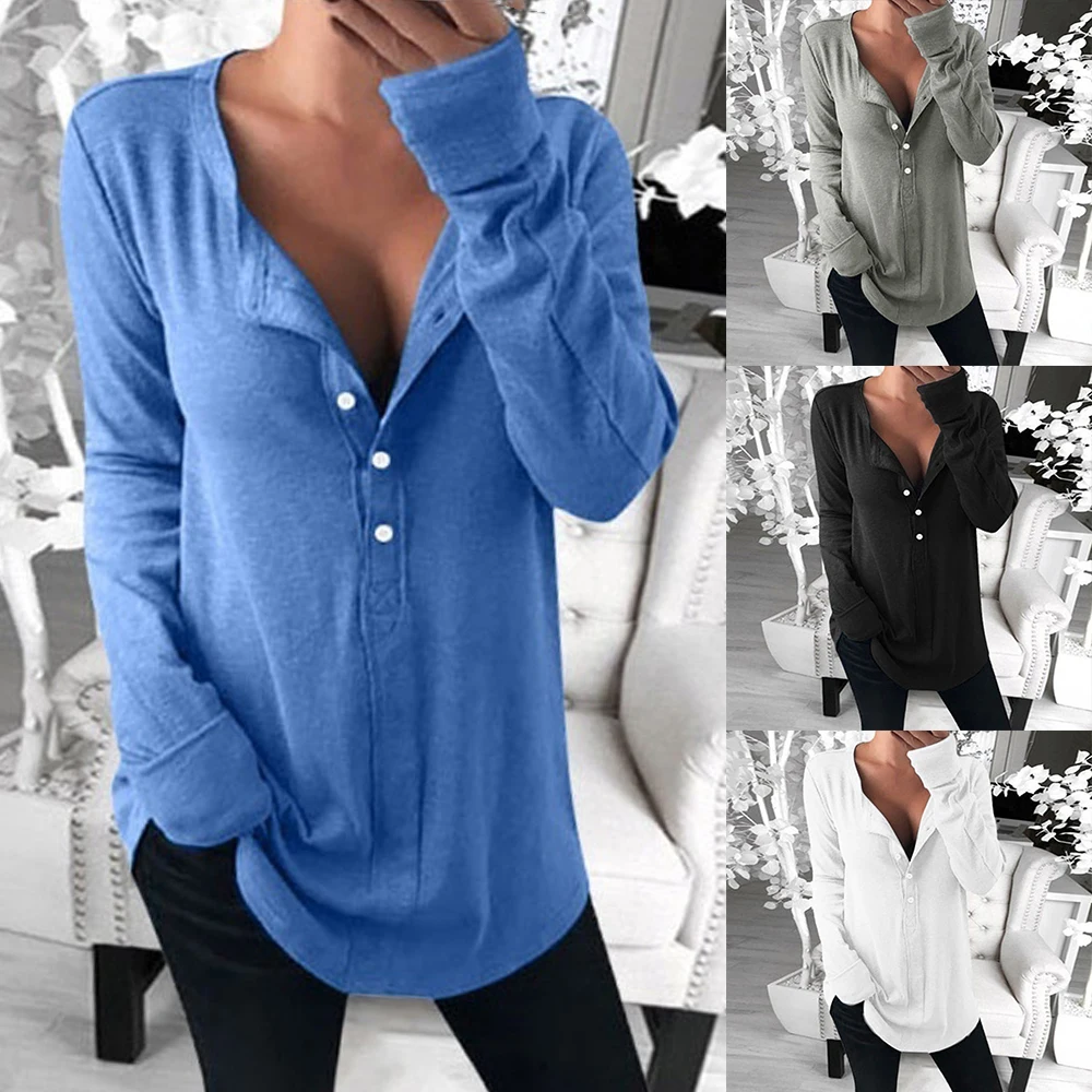 

Womens Button Pullover Long Sleeve V Neck Loose Casual Tops Leisure Blouse 2020 Fashion Long Sleeve Women Blouses And Tops