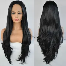 Натуральный черный волнистые синтетические 13*3 Синтетические волосы на кружеве парик термостойкие волокна волос пробор природные для Для женщин парики