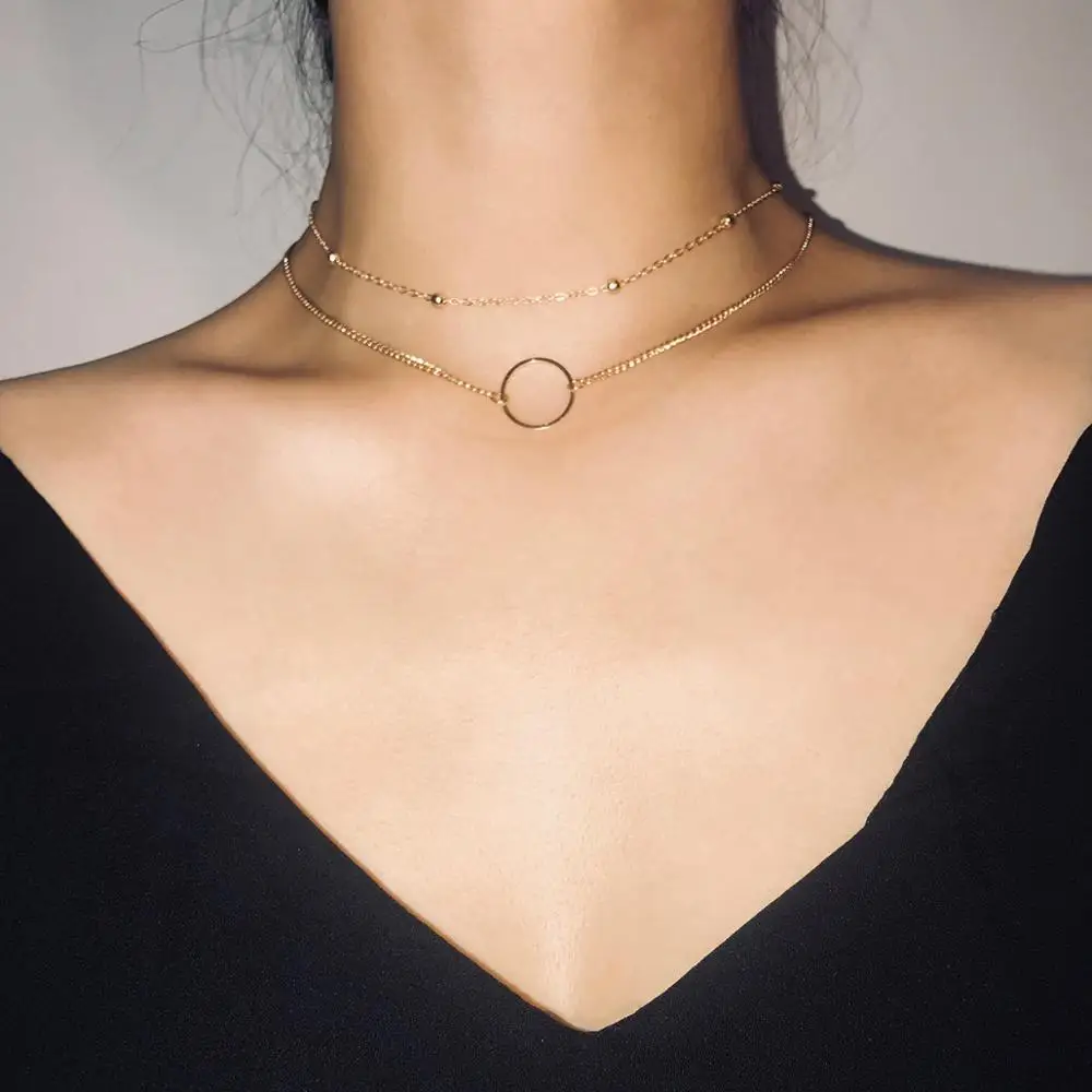 

HOT fashion classic double bead chain hollow circle pendant women's necklace fashion necklace jewelry
