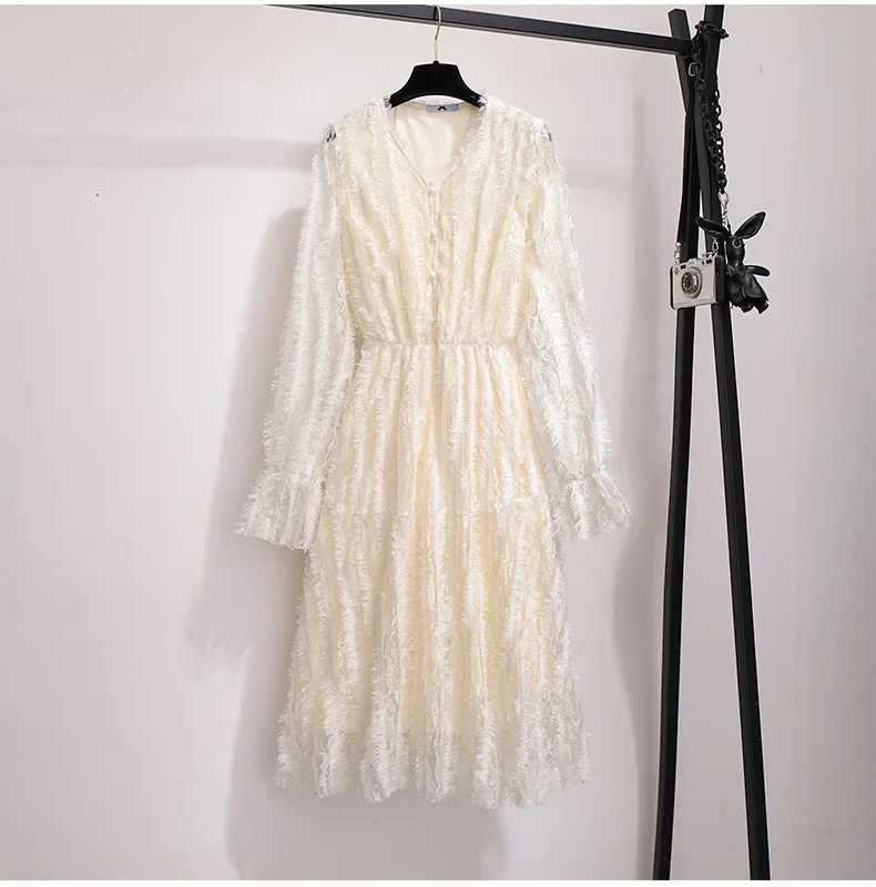 Осеннее зимнее длинное платье размера плюс для женщин, большие приталенные повседневные кружевные плиссированные платья с эластичной талией белого цвета 3XL 4XL 5XL 6XL 7XL