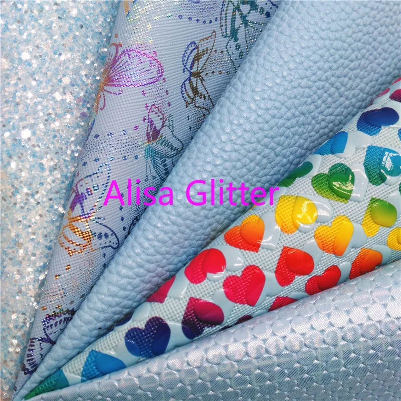 

1PCS A4 SIZE 21X29cm Alisa Glitter Blue Glitter Fabric, Hearts Butterfly Faux Leather Fabric,Synthetic Leather for Bow DIY K105B