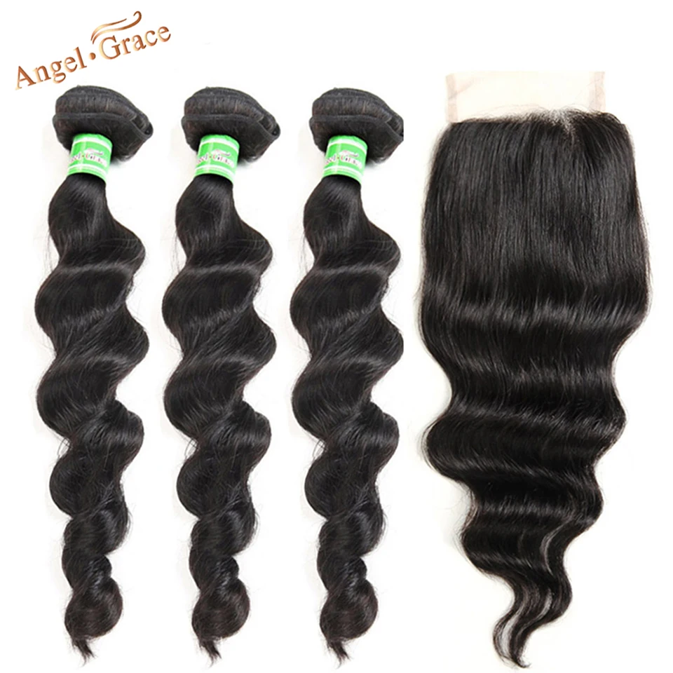 Extensiones de ondas sueltas brasileñas con cierre, cabello humano Remy 100%, 3 mechones con cierre de encaje