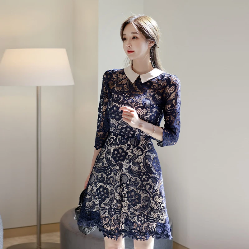 Qiu dong with sling accept waist a-line dress small lapel lace crochet restoring ancient ways of cultivate one's morality shirt