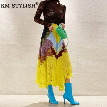 

Women Skirt Elastic Waist New 2020 Runway Tulle Long Skirts For women irregular boho Colorful Knitting midi Skirt With Pockets