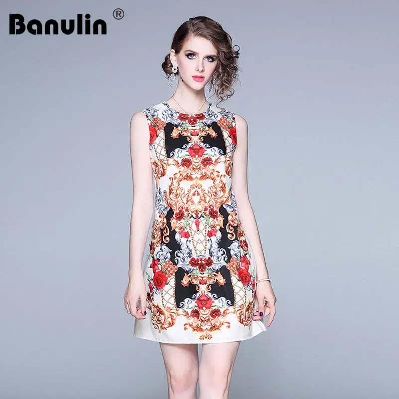 

Banulin Fashion Designer Runway Summer Dress 2019 Women's Sleeveless O-Neck Gorgeous Floral Print Casual Short Dress Vestidos