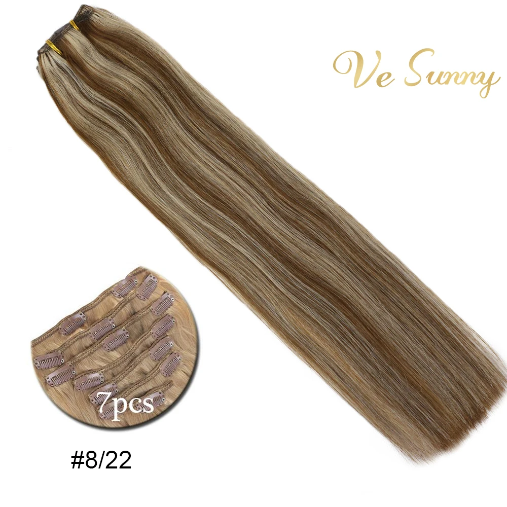 

VeSunny Double Weft Clip in Hair Extensions 100% Human Hair 7pcs Clip on Extensions Highlights Color Light Brown to Blonde #8/22