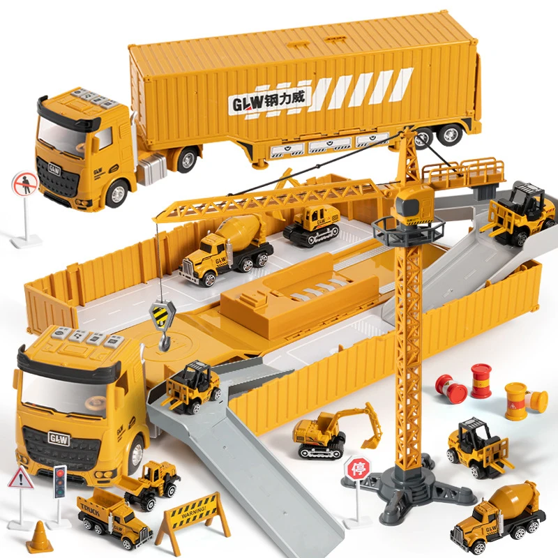 YANGUN Camion De Construction 7-en-1 – Transporteur Avec Grue, Pelleteuse, Bétonnière – Jouet éducatif En Alliage Pour Enfants De 3 à 6 Ans