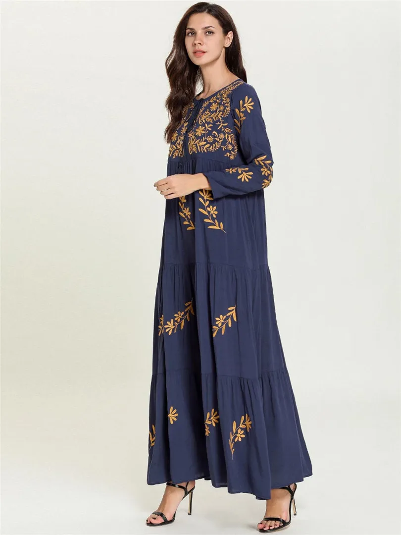 Женское мусульманское Abayas джинсовое Макси-платье с вышивкой, свободные бандажные платья, Арабская Дубайская Исламская одежда, длинные платья размера плюс, Халат
