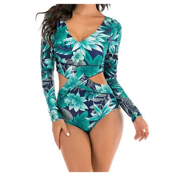 

Retro V-neck Tropical Leaves Floral Print One Piece Swimsuit Print Long Sleeve Women Swimwear Bathing Suit Surfing Swimming Suit