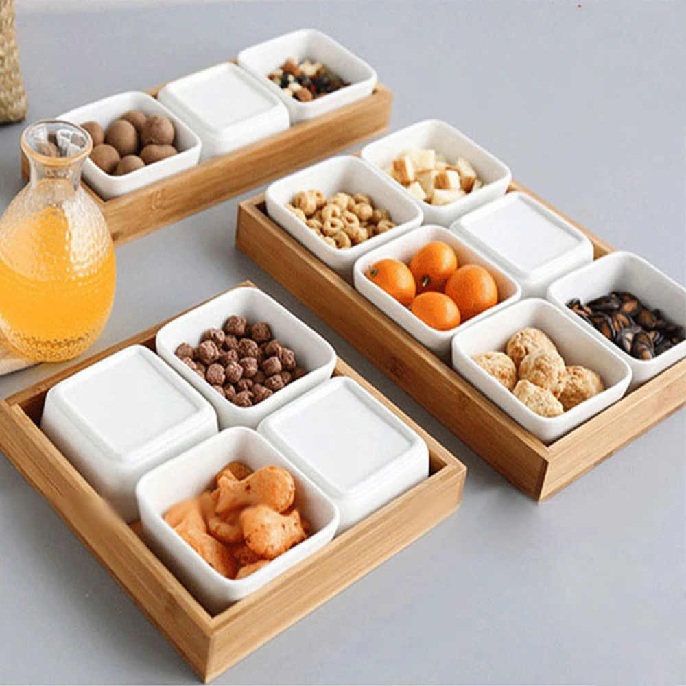 Японский стиль кухонный Органайзер керамические миски контейнеры для хранения еды с бамбуковой крышкой и поднос для закусок