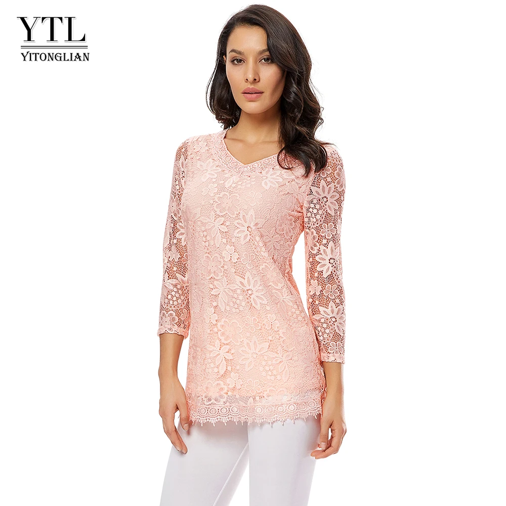 new-women-lace-blouse-three-quarter-sleeve-floral-vintage-tops-round-neck-pink-blusa-shirt-ladies-plus-size-blouses-h009