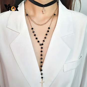 

Vnox 3 Pcs in One Set Multi Layered Beads Cross Choker Necklaces for Women Statement Collar Gifts for Her Jewelry