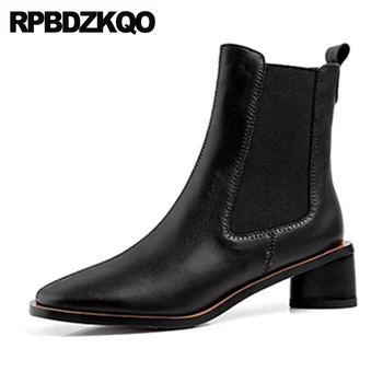 

women ankle boots medium heel slip on shoes chunky fall elegant black block japanese fur chelsea 2019 white autumn square toe