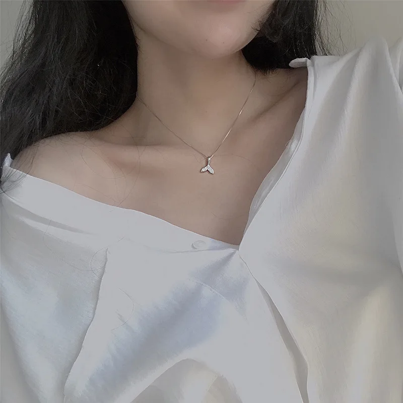 

S925 Fine Silver People Fishtail Choker Necklace Women's South Korea Simple Students MORI Series Pendant Zircon Choker X248
