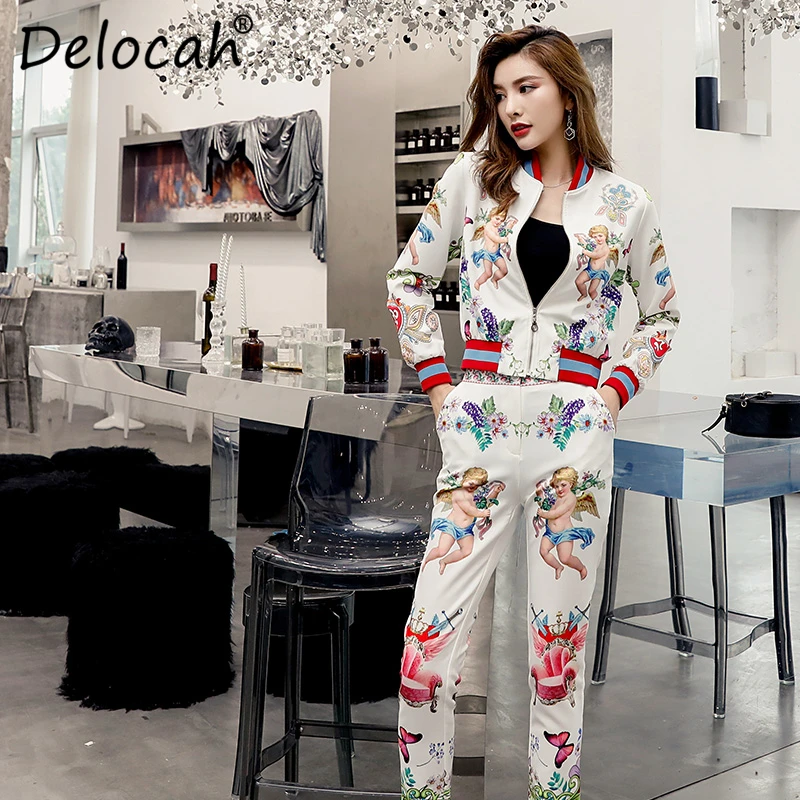 

Delocah Women Autumn Suit Runway Fashion Long Sleeve Character Printed Tops And Vintage High Waist Pencil Pants Two Pieces Set