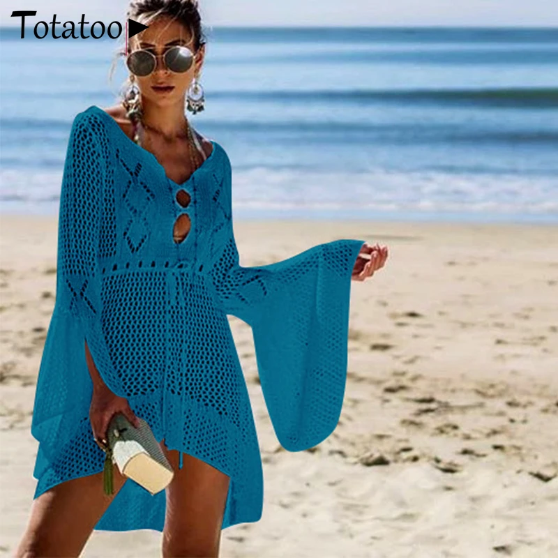 Totatoop Backless Sexy Knitted Dress Women 2021 Summer Long Sleeve Open Back See Through Beach Cover Mini Dress Femme Clubwear vintage clothing stores