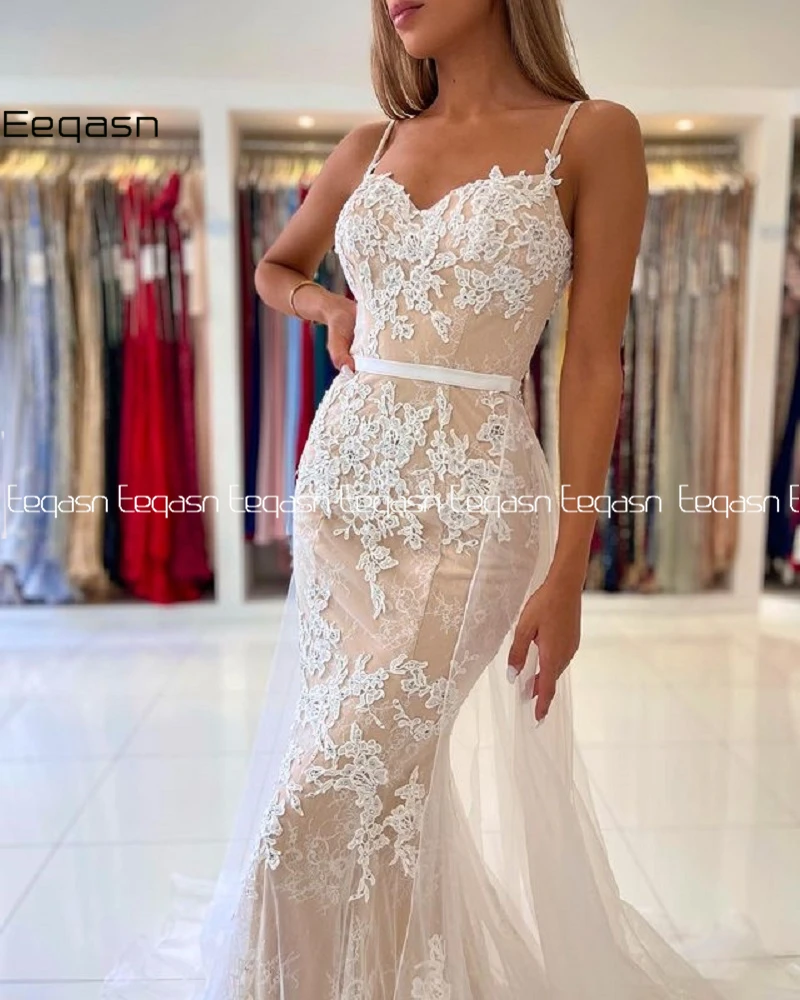 2021 Champagne Mermaid Prom Dresses Plus Size Lace V Neck Evening Gowns Attachable Overskirt Sexy Formal Gown robe de soiree plus size prom dresses