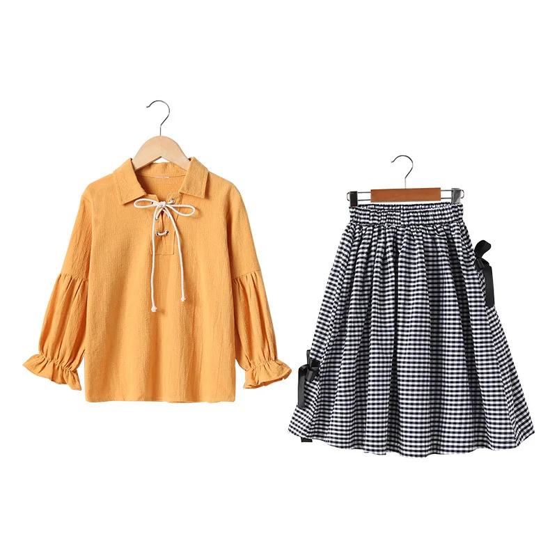 Комплект детской одежды для девочек осенние костюмы, юбки детские рубашки для девочек желтая Блузка Топы, пуловеры+ клетчатая юбка Robbons - Цвет: Yellow