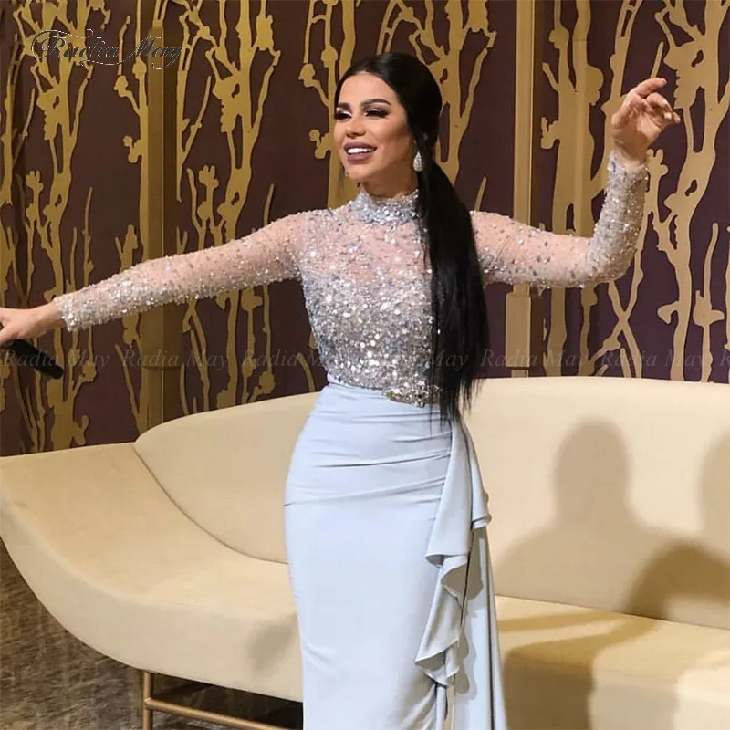 Мусульманские Роскошные светло-синяя Длинные рукава арабские вечерние платья Высокая шея украшенный блестками и бисером оборками длинное женское вечернее платье для выпускного вечера