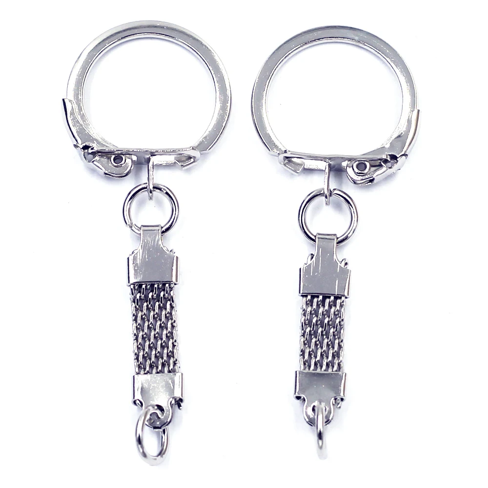 100Pcs Key Chains Keyrngs With Mesh Belt Metal Silver Tone Charms Jewelry DIY Accessories  6.2x2.3cm(2 4/8