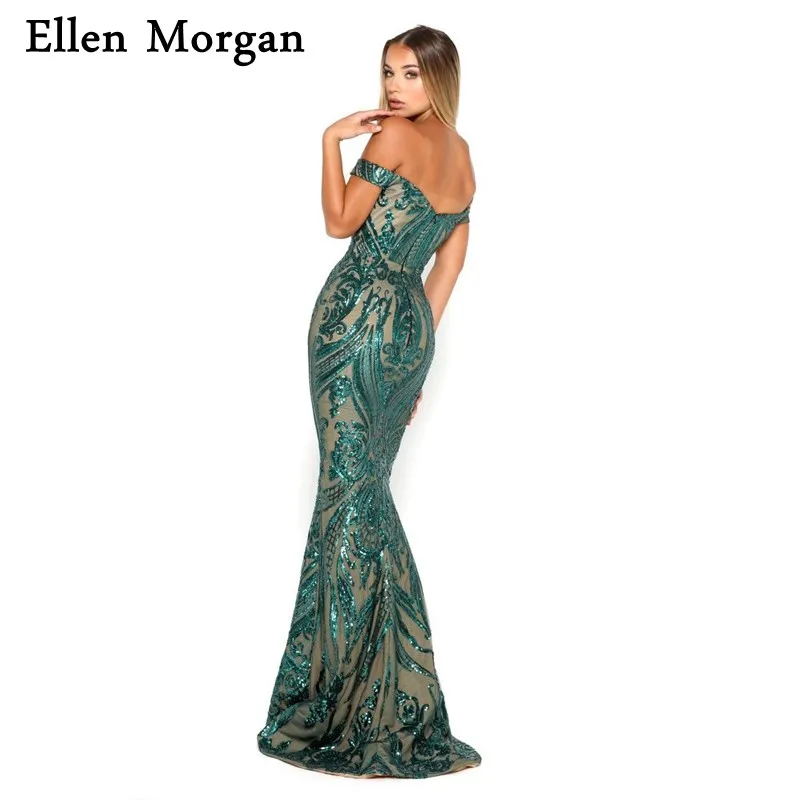 Elegant Off Shoulder Mermaid Formal Evening Gowns Sexy Sweep Train Pattern Sequined Event Long Prom Gowns for Women Wear