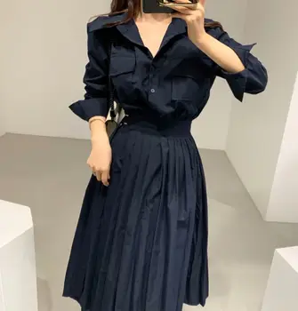 

2020Spring And Autumn New Ins Hot Shirt Style Stitching Pleated Fashion Casual Mid-length Dress Khaki / Navy Blue One Size