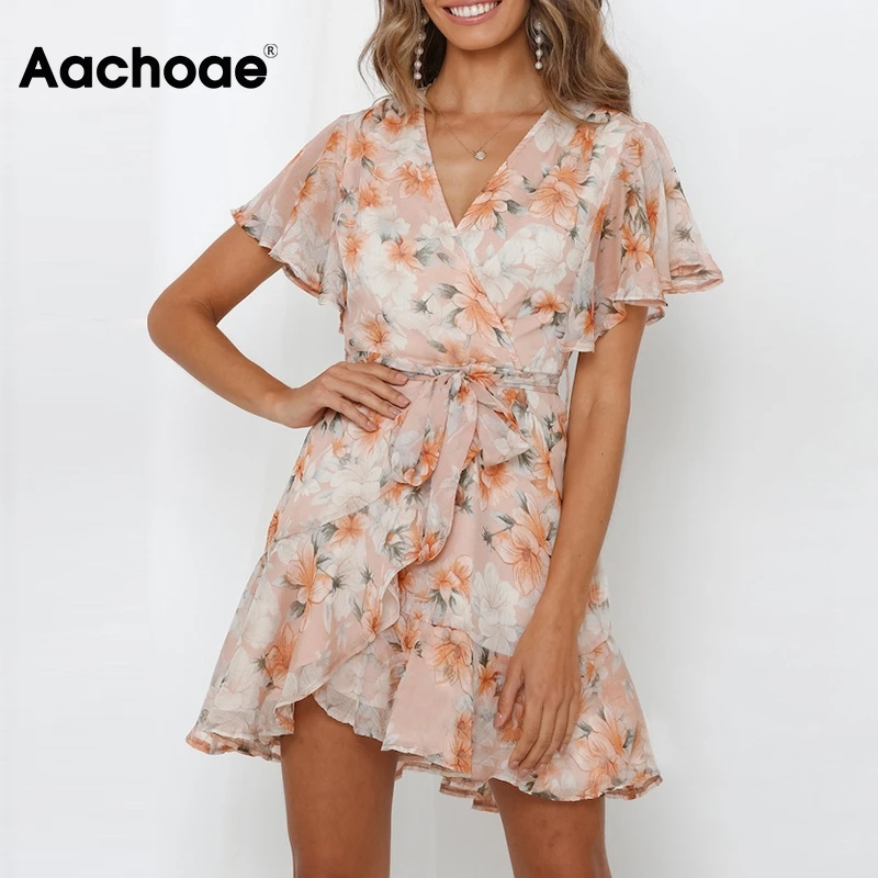 Aachoae Boho Floral Print Mini Chiffon Dress V Neck Flare Short Sleeve Beach Dress Summer Bandage Ruffle A Line Dress Robe Femme